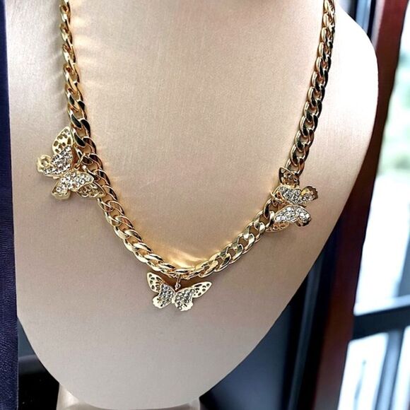 Dimensional Butterfly Gemstone Necklace l Gold Plate l 3” Extension l New - Picture 1 of 10
